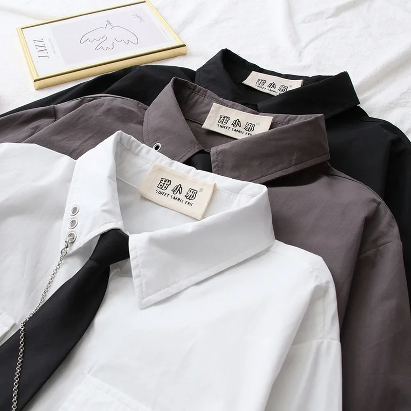 

2020 Autumn Japanese Sweet Loose Solid Double-Pocket Chain Short Necktie Long-Sleeved Shirt Female Solid Color Shirt