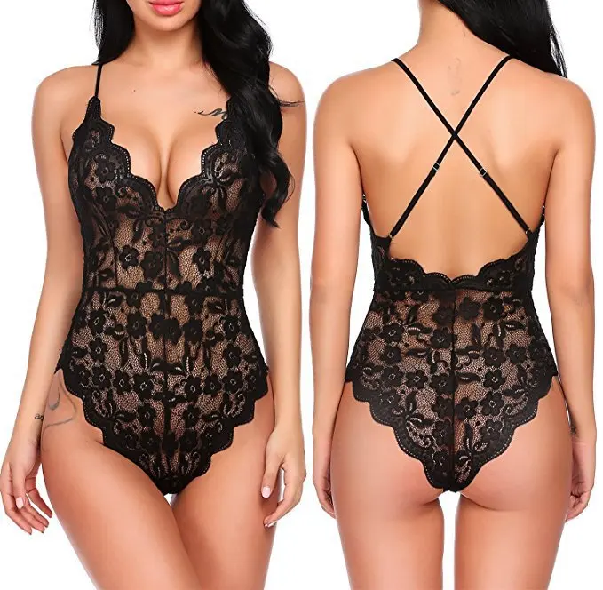 

Oluolin Sexy Lace Mesh Bodysuit Spaghetti Strap Backless Transparent Female Body Hot Teddies Deep V Bodysuits Valentine's Day