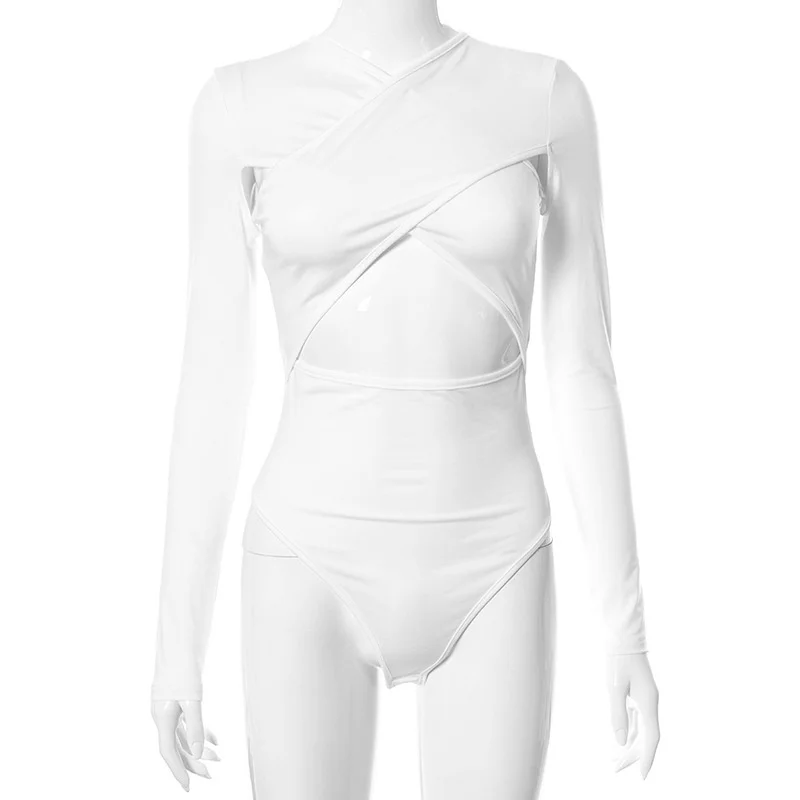 

Summer Cross Cut Out Sexy Women Bodysuit Black Long Sleeve Slim Bodysuit Top Femme Streetwear Bodycon Romper Overalls