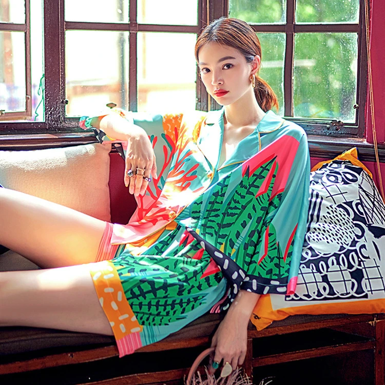 

Pajama Colorful Smooth Women Silk Short Sleeve Shirt Casual Costumes Lingerie Homewear Leisure Nightwear Spring Sunny Temptation