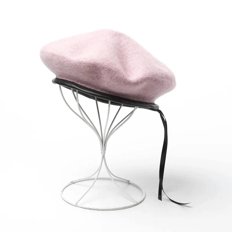 202009-HH0073A autumn WINTER wool japan Cool style pu brim ribbon  beret  hat  men women Leisure star painter  hat