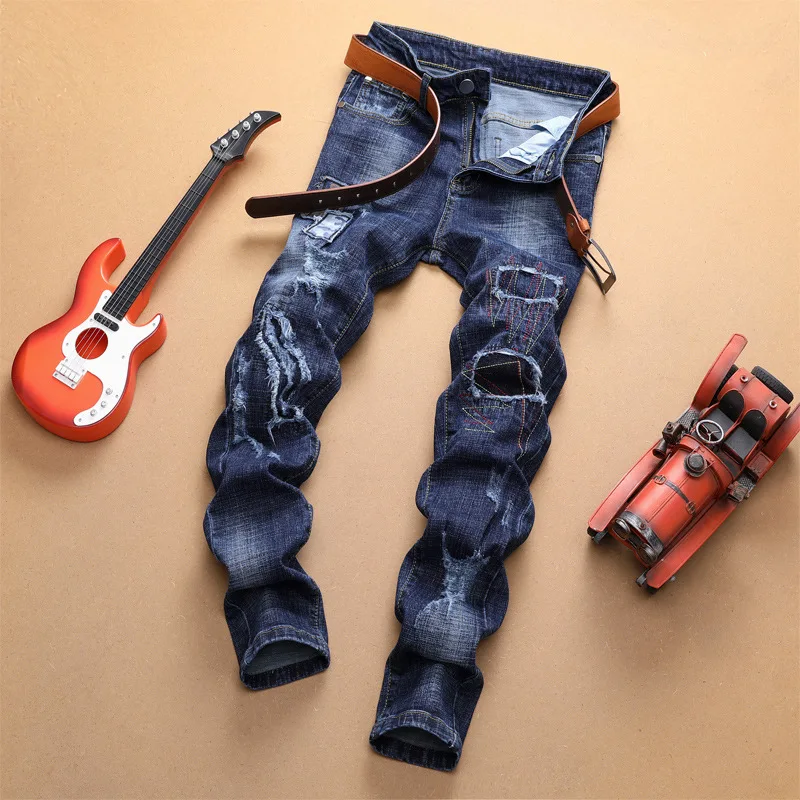 

Wimilous tide male embroidery patch cowboy feet pants men's elastic scrape bad small hole garment pants jeans to winter