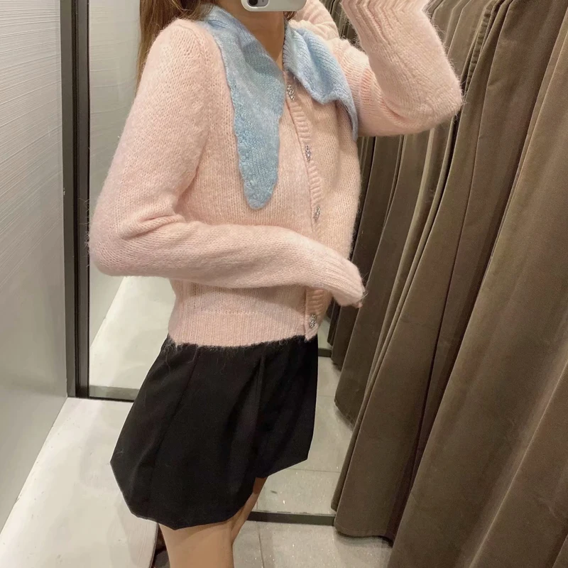 

Za 2020 Women's Sweater Female Autumn Pink Short Knit Cardigan Sweater Female Lapel Long-Sleeved Cardigan Warm Sweater