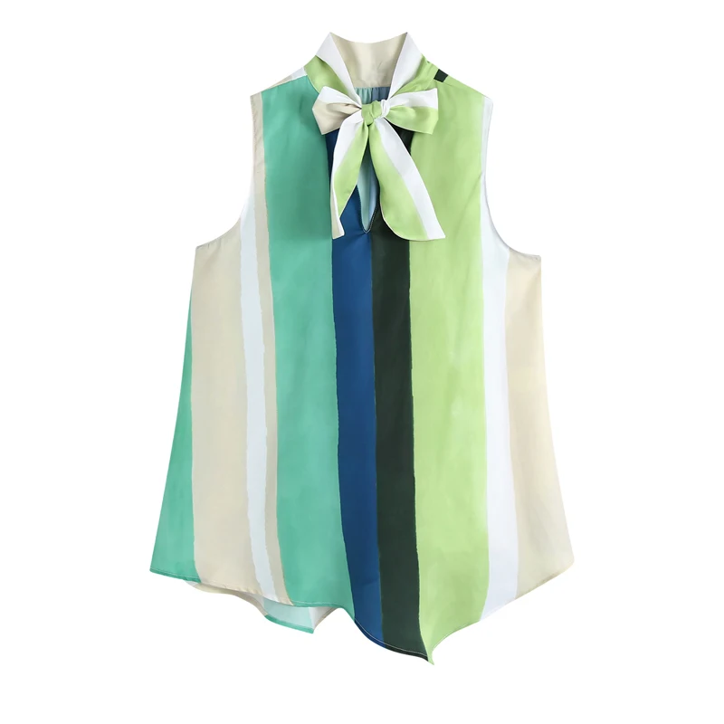 

Women Elegant Stand Collar Stain Shirts With bow 2021 Summer Fashion Ladies Stripe Print Loose Blouses Female Tops YNZZU 1T067