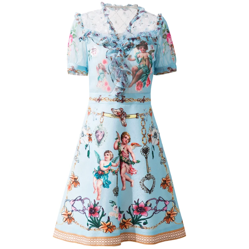 

DIDABOLE High Quality Summer New Designer Women'S Short Sleeve Print Ruffle Patchwork Fashion Party Casual Elegant Blue Dress