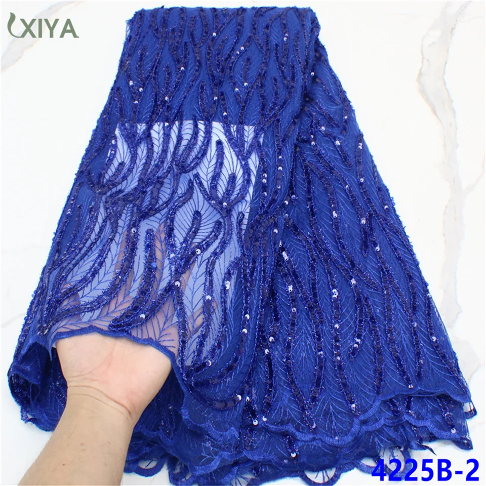 Royal Blue Nigerian Net Mesh Lace Fabric Top Selling Sequins Lace Fabrics High Quality African French Tulle Lace Fabric APW4225B