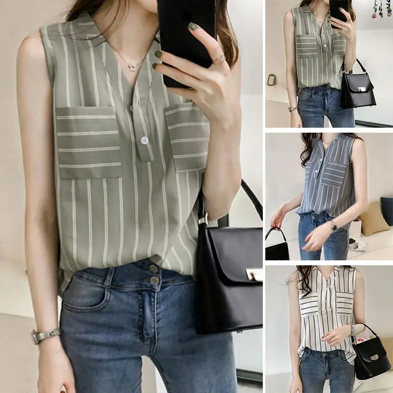 

Women V-Neck Single-Row Button Vest Shirt Stripe Print Pleated Sleeveless Slim Chiffon Tops W3