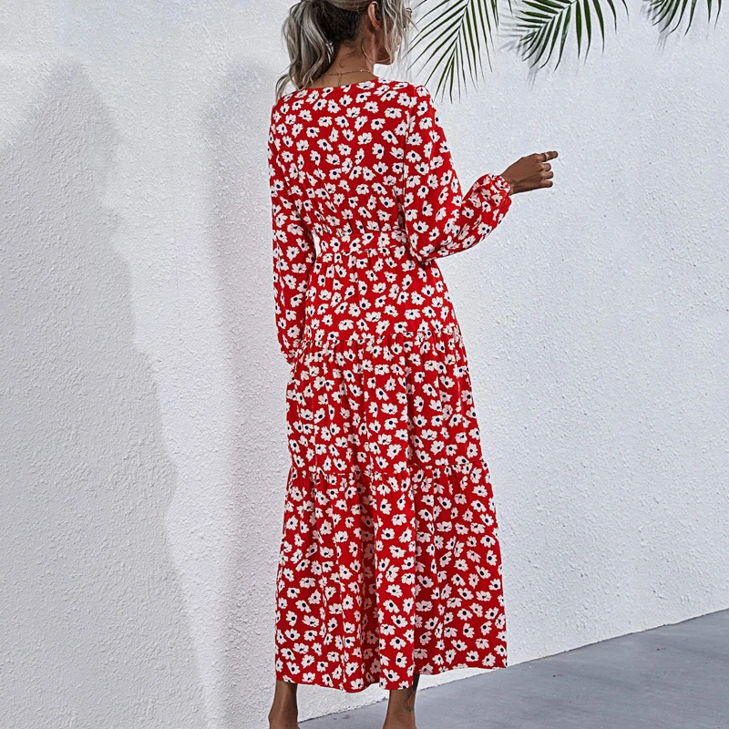 

High Street Print dress 2020 Autumn and Winter New V-neck Lace-up Lantern Sleeve Swinging Dress women clothes vestidos de mujer