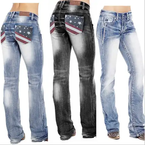 Woman Jeans Femme High Waist Clothes American Flag Stretch Washed Bootcut Mom Jeans Ropa Mujer Vintage Pants Denim Pantalon
