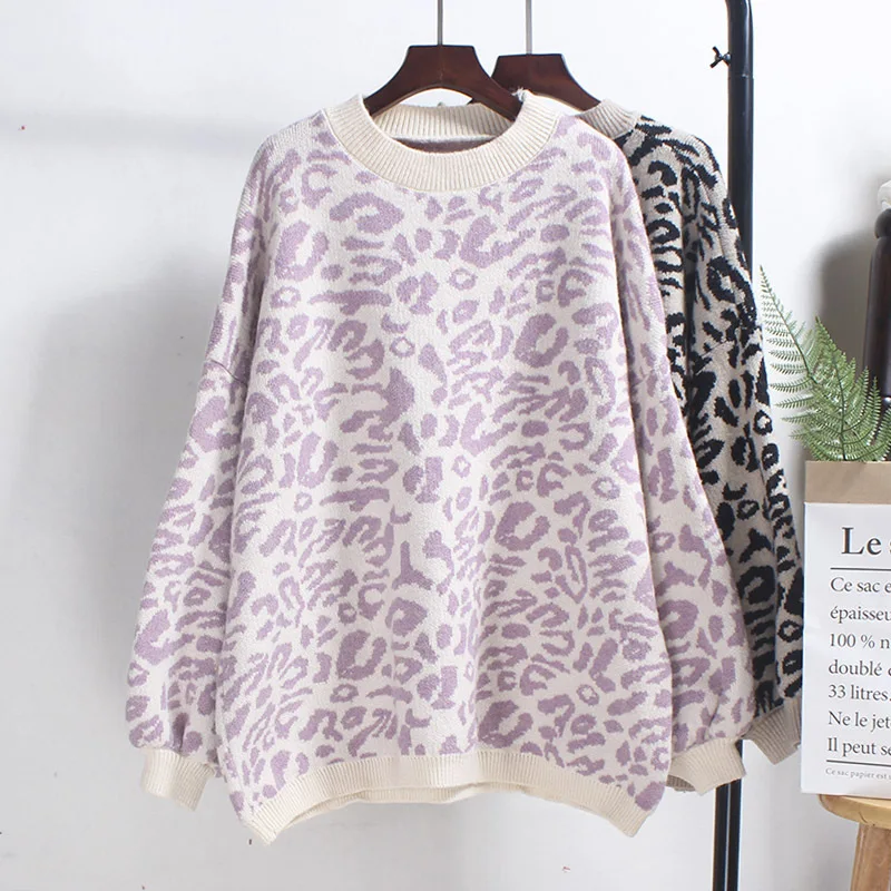 

Autumn Winter Women Leopard Pullover and Sweaters Round Neck Oversize Sweater Jumpers Casual Leopard Korean Pull Femme