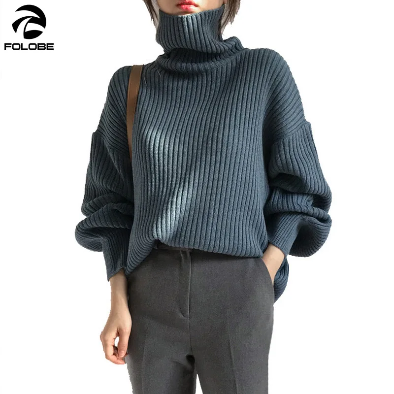 

FOLOBE 2021 Autumn Winter Korean Kinited Turtleneck Sweaters Women Lantern Sleeve Loose thick Warm Solid Pullovers Casual Jumper