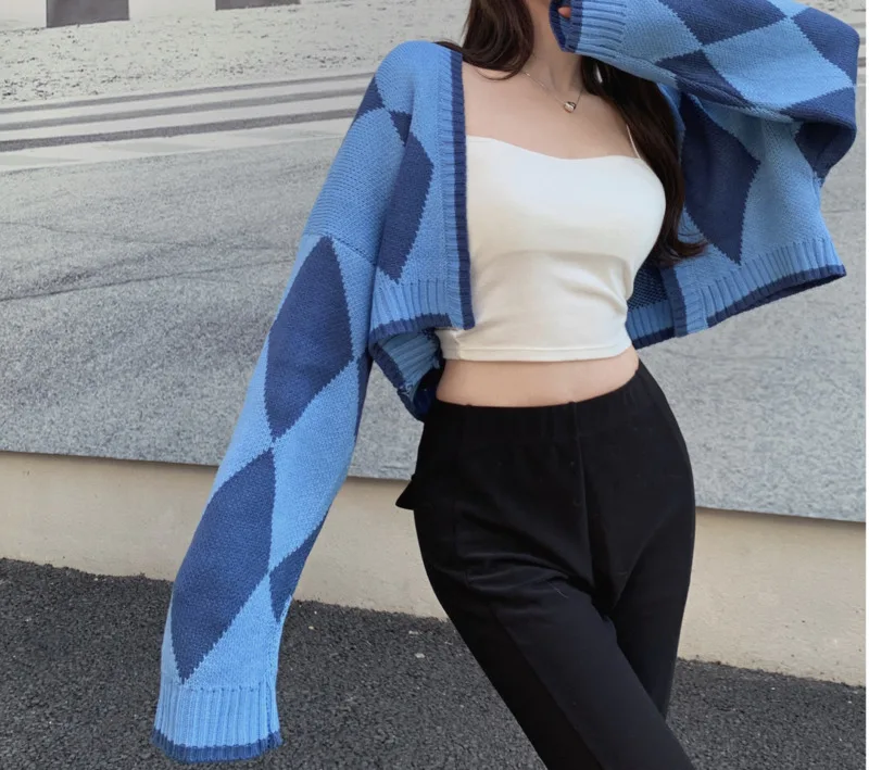 Chessboard rhombic knitted sweater shawl cardigan coat women's autumn and winter high sense short top Rachel |