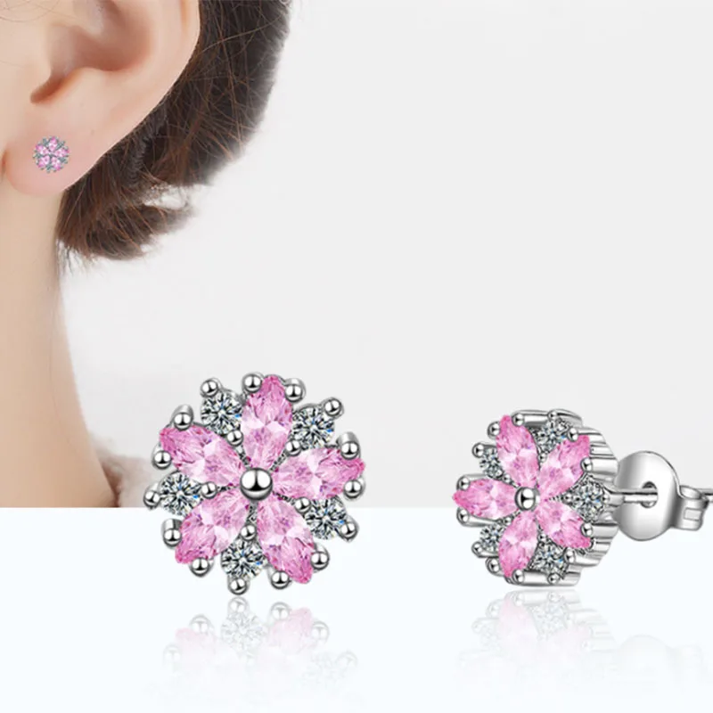 Женские серьги гвоздики с цветком вишни и розовыми кристаллами вечерние