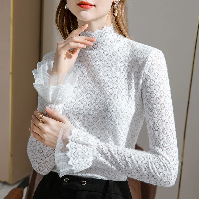 

Half high collar lace top with wavy edge for women in autumn and winter 2020