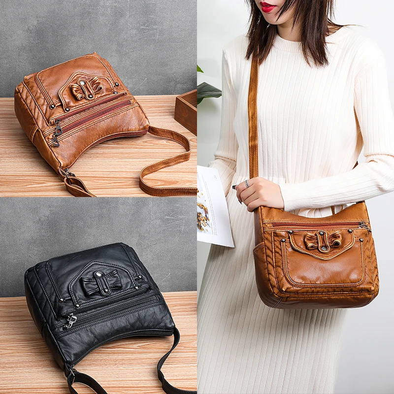 

New Casual Women Bag Soft Leather Shoulder Bags Multi-pocket PU Handbag Female Crossbody Bag Ruched Messenger Bags Solid Flap