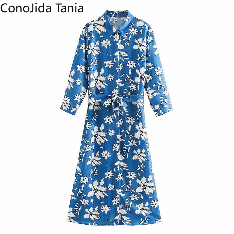 

Женское платье с длинным рукавом, белое платье в европейском и американском стиле с отложным воротником и цветочным принтом на шнуровке