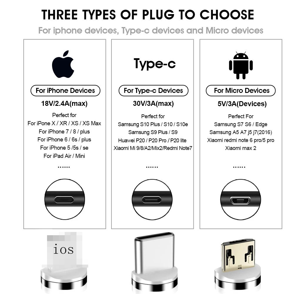 Магнитный кабель Micro USB 1M 3A для быстрой зарядки данных Apple iPhone 7 XS Кабель зарядного