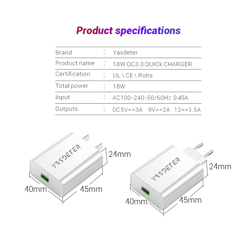 YASDETER 18 Вт быстрое зарядное устройство 3 0 usb Портативное для Samsung S10 S8 plus huawei mate 20 pro