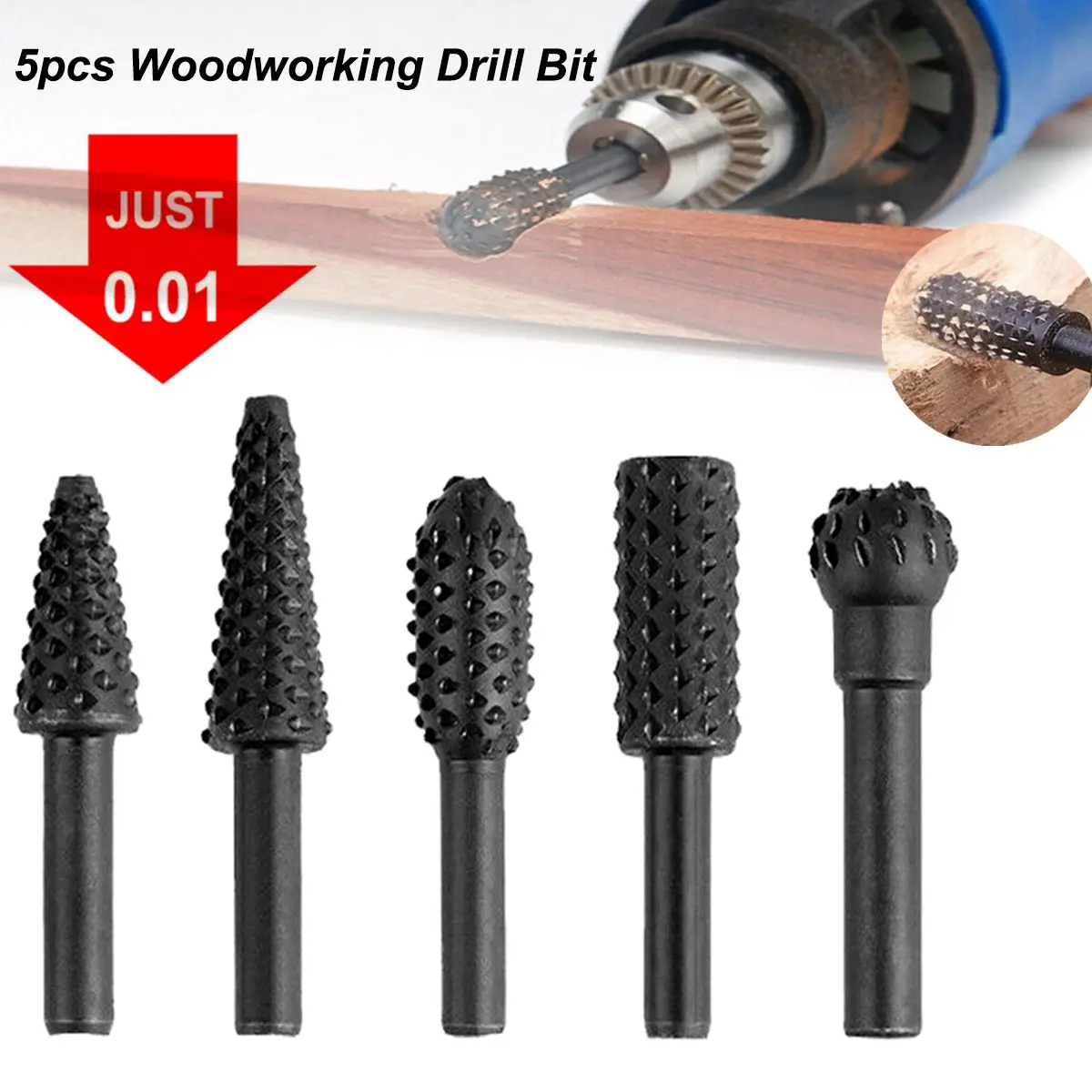 

5pcs 1/4" Rotary Rasp File Woodworking Drill Bit Set Shank Rotary Craft Files Rasp Burrs Grinding Power Woodworking Hand Tool