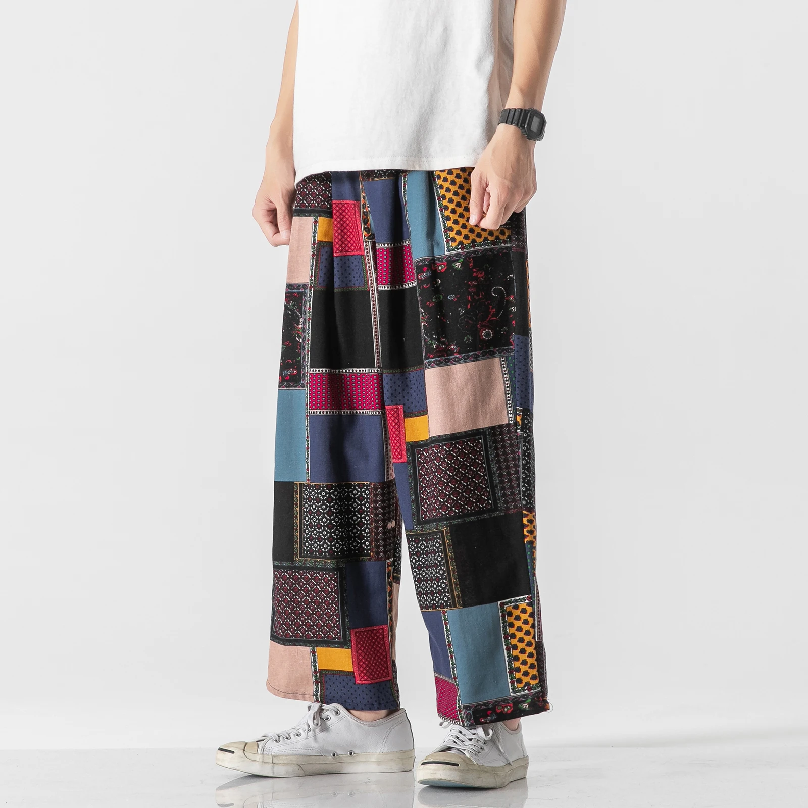 

2021 Men Baggy Harem Pants Mens Chinese Style Flower Lattice Wide Leg Pants Male Vintage Beach Trousers M-3XL