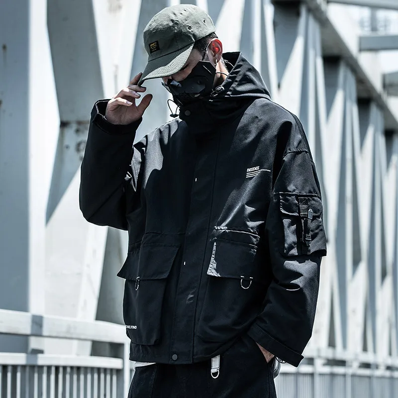 Куртка-карго HOUZHOU Techwear Мужская черная худи в стиле сафари пальто с капюшоном