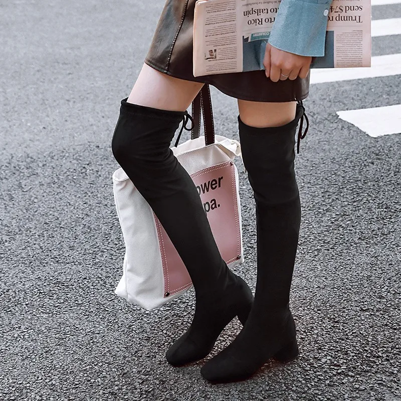 

Leisure Stovepipe Stretch Over-the-knee Boots Woman Thigh High Long Boots Winter Keep Warm Fleece High Heels Velvet Flock Shoes