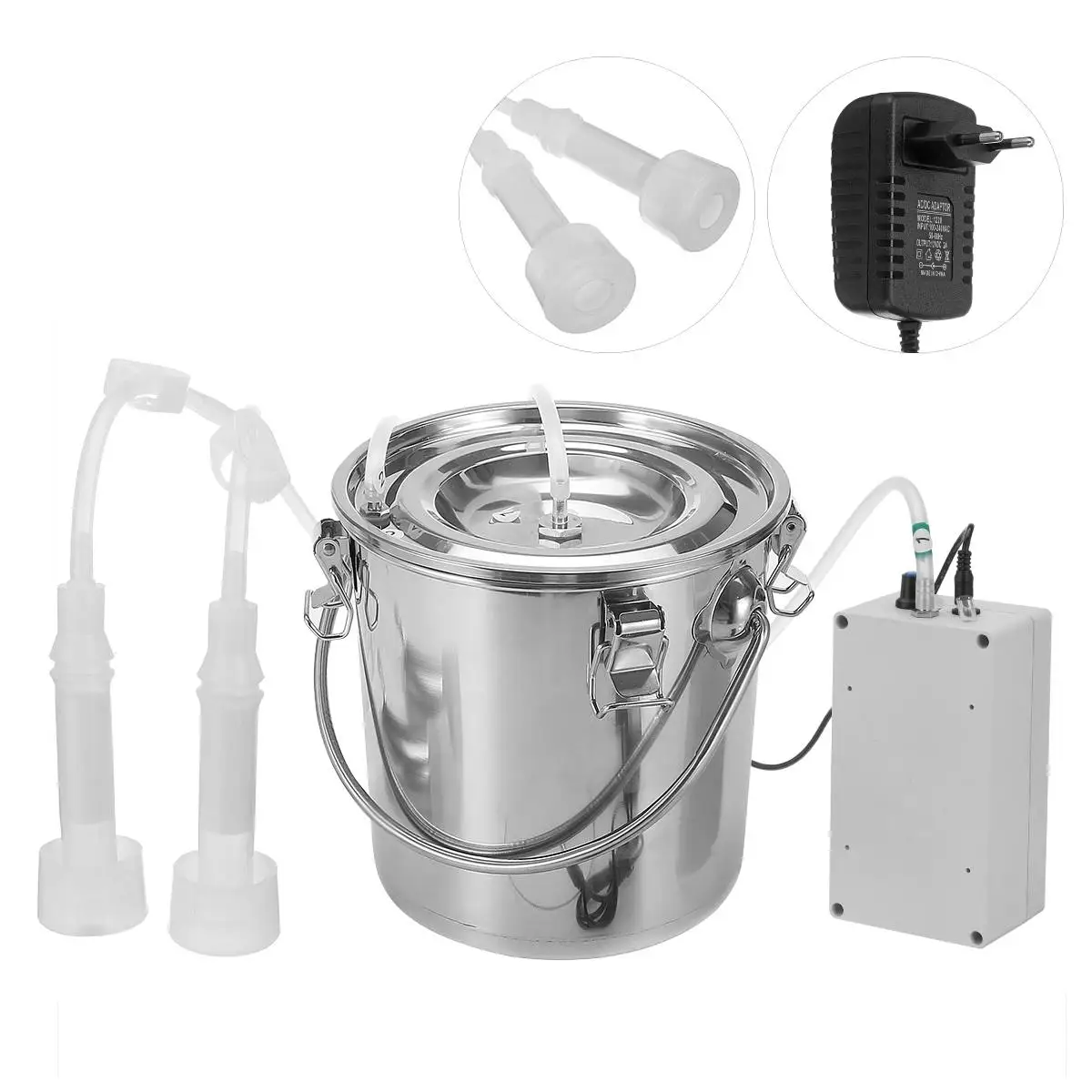 

5L Cow Goat Sheep Milker Electric Milking Machine Portable Stainless Steel Bucket Double Heads Hose Pulsating Milker 220V/110V