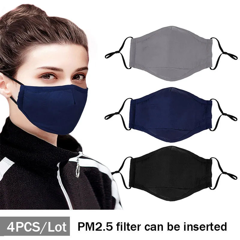 

4PCS/Lot Unisex masks pluggable filter masks anti smog dust PM2.5 polyester cotton fabric Masks solid color printed life masks
