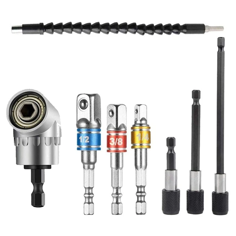 

8Pcs Right Angle Driver Drill Right Angle Drill Extension Bar Hex Shank Screwdriver Holder Bit Flexible Angle Tool Set