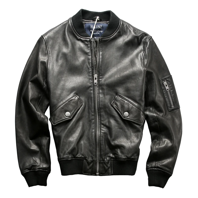 

genuine 2021 men's leather baseball jacket natural sheepskin leather jacket men hip hop style bomber jacket male flight jacket