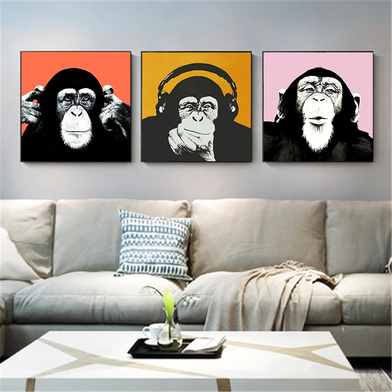 Забавный обезьяна холст для живописи плакат и принты на стену домашнего декора