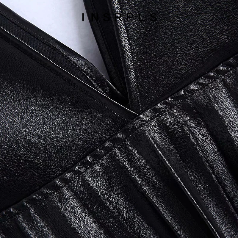 

INSRPLS Women Fashion Faux Leather Pleated Mini Pinafore Skirt Vintage V Neck Wide Adjustable Straps Female Skirts Mujer