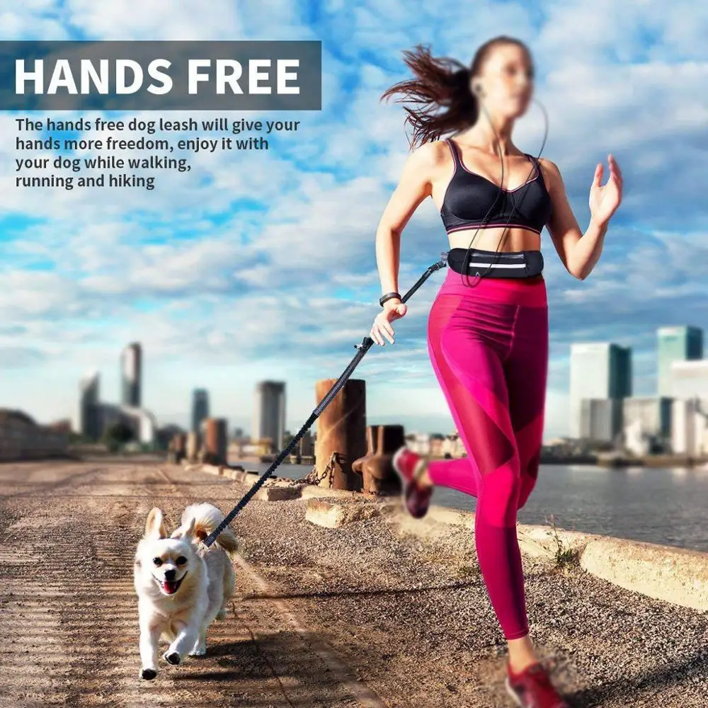 

Hands Free Dog Running Leash with Waist Pocket Adjustable Belt Shock Absorbing Bungee Fits up to 45 inch Waist