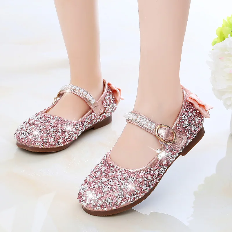 

Children Mary Janes Girls Flats Kids Princess Shoes for Wedding Party Dancing Show Rhinestone Crystal Pearls Bowtie on Back Chic