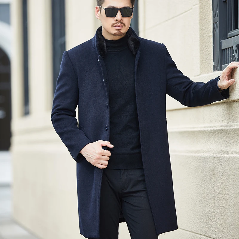 

Long Jackets & Coats Single Breasted VogueMens Wool Blend Jackets Full Winter For Male Wool Overcoat And Mink Hair Fur Collar