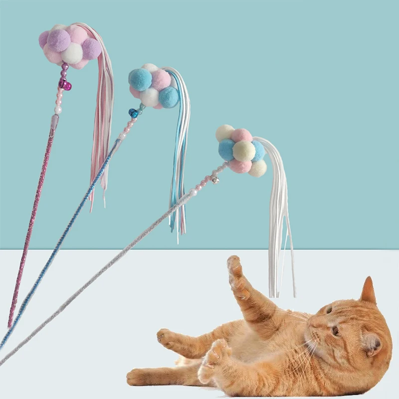 

Pet Cat Teaser Wand Beaded Kitten Teaser Stick Cat Interactive Toy Colorful Pet Tassel Wand With Pompom And Bell Pets Supplies