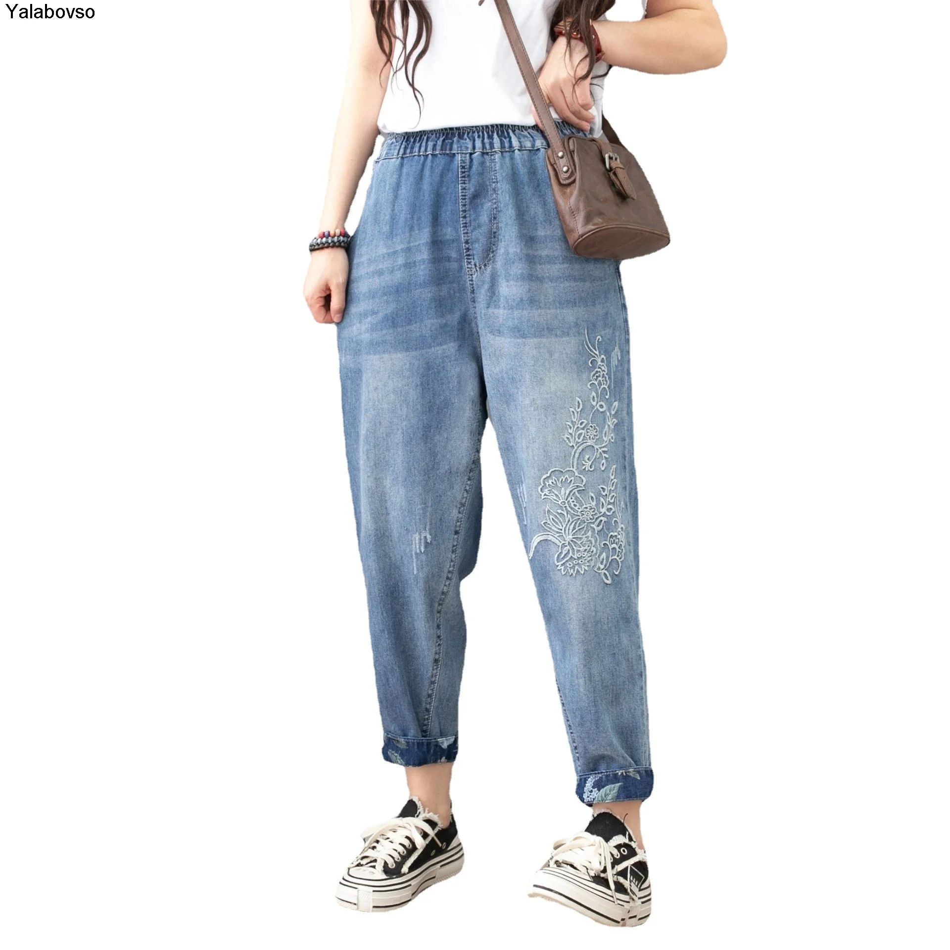 

Fashion Trousers Spring And Summer New Elastic Waist Wash Pants Flower Embroidery Casual Loose Hem Women's Jeans Yalabovso