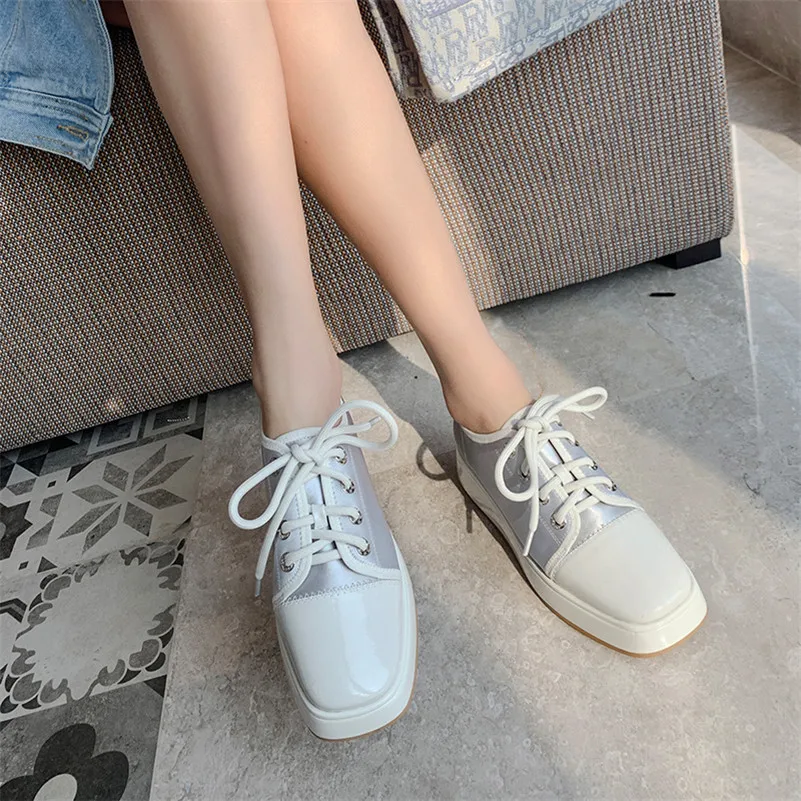ANNYMOLI Natural Genuine Leather Flat Platform Shoes Woman Shoes Square Toe Flats Lace Up Female Casual Footwear Spring Apricot