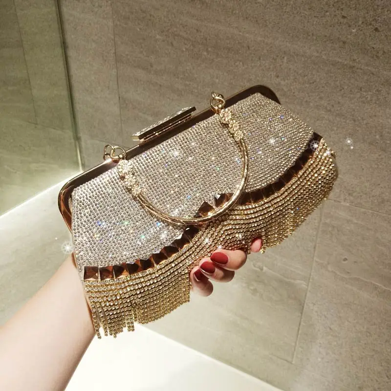 

Women's Wedding Clutch Bag Luxury Rhinestone Tassel Handbag Banquet Gold Evening Bag Party Purse Chain Shoulder Bag