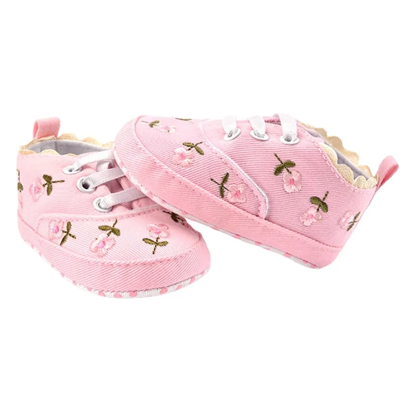

0-18M Newborn Baby Girl Shoes Toddler Denim Embroidery Shoes Bebes Soft Bottom Non-slip Adjustable Shoe Laces First Walker