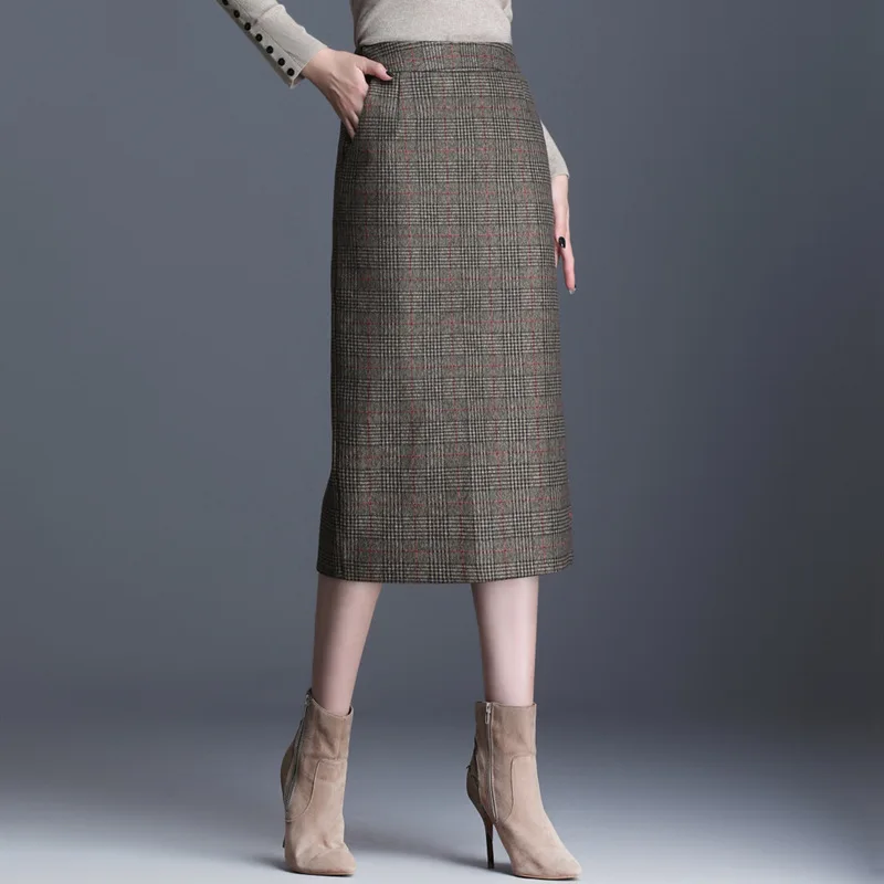 

Шерстяная Юбка, новинка, юбка с высокой талией и разрезом, женские юбки, длинные юбки для женщин