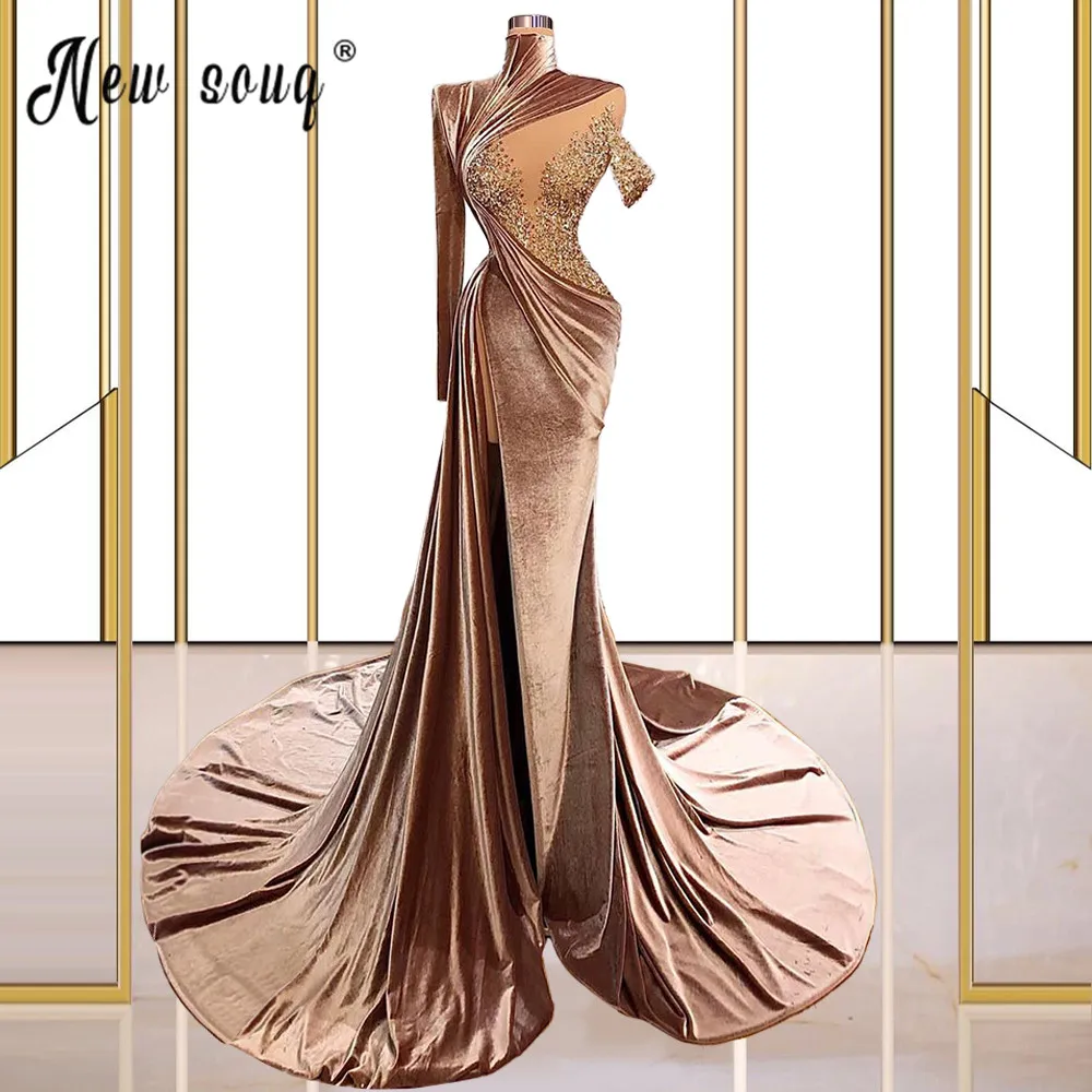 

Luxury Mermaid Prom Dress Long Evening Gowns With Split Side Sparkling Beaded Crystal Illusion Neck Pleated Birthday Party Wear