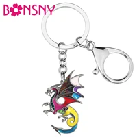 bonsny enamel alloy floral dark mythical dinosaur dragon keychains trendy key chain ring jewelry for women men teen charm gifts