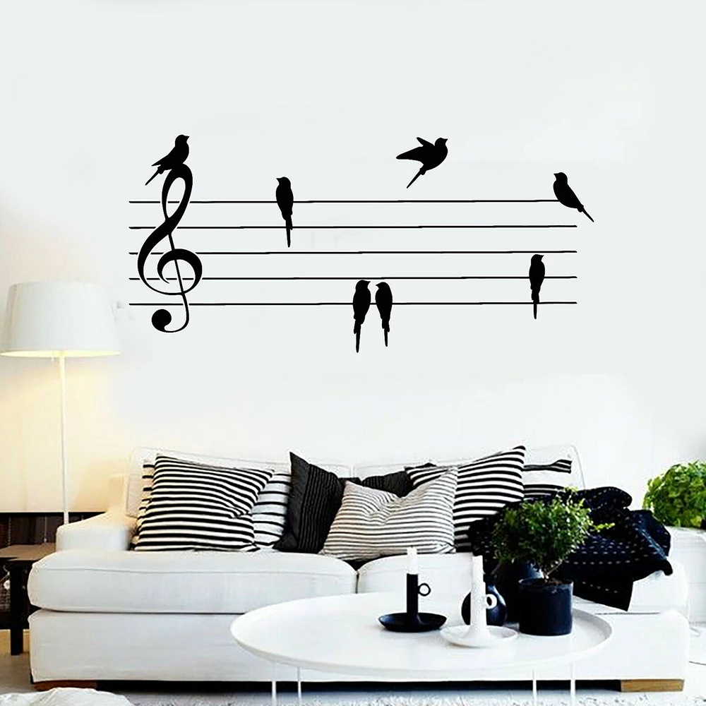 

Виниловая настенная наклейка, музыкальные ноты, бумага, музыкальные ключи, птицы, домашние настенные наклейки, декор музыкальной комнаты, и...