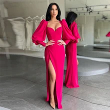 Robe De soirée pour femmes, longueur au sol, fente latérale, manches longues, robes De bal droites, 2021  (4)