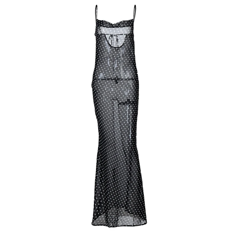 

Womens Sexy Spaghetti Strap Sheer Mesh Maxi Long Dress Vintage Polka Dot Print Lace-Up Backless Flared Cover Up Clubwear