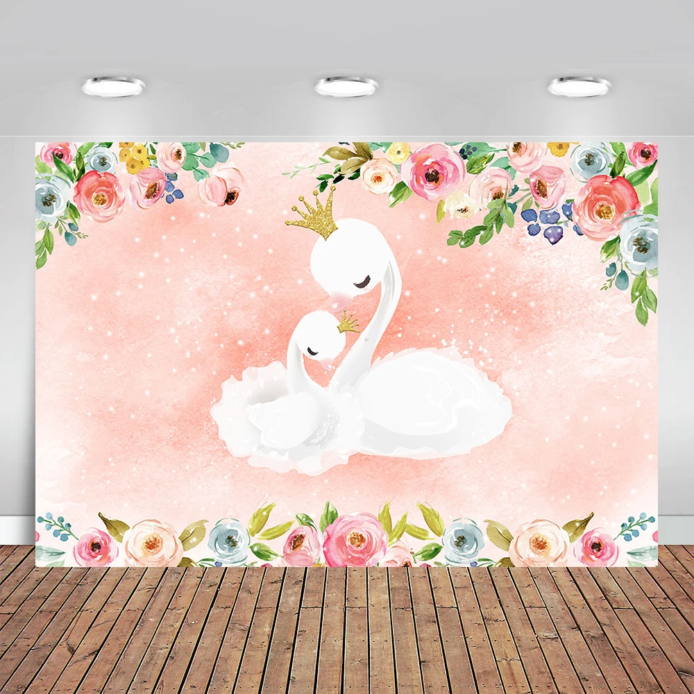 Photography Photobooth Baby Shower Birthday Cartoon Crown Swan Flower Pink Backdrop Decoration Photocall Photophone