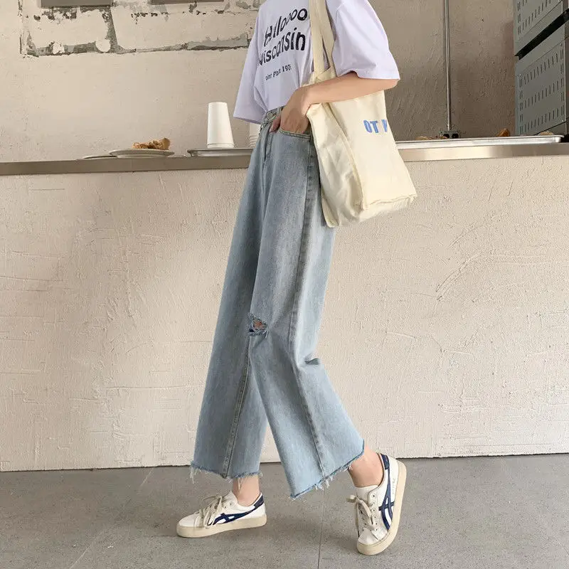 

Wide leg jeans with holes and rough edges for women's loose summer 2021 new Korean students' high waist and thin straight pants