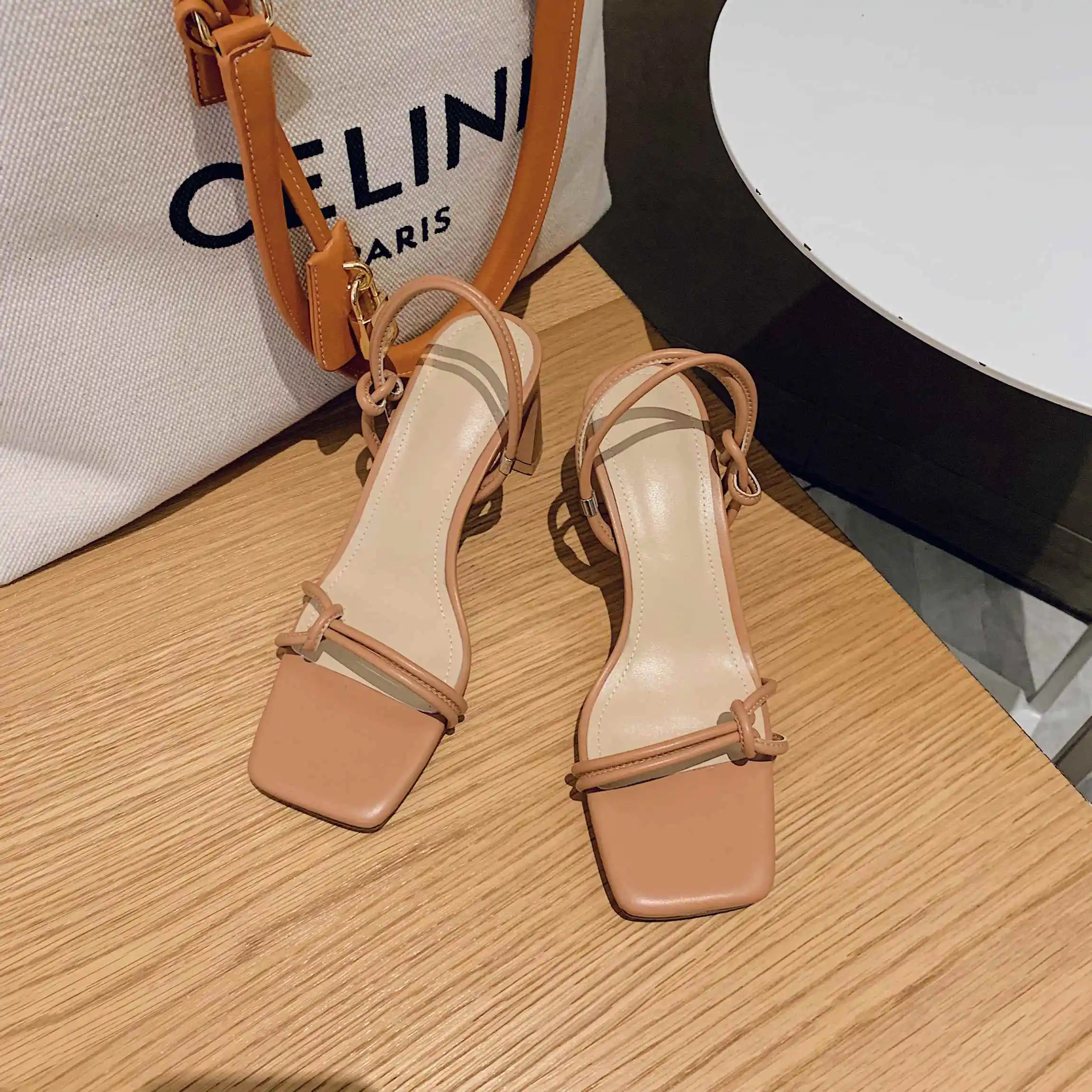 

Lenkisen high quality handmade big square toe high strange heels narrow band lace on french romantic fashion dating sandals L01