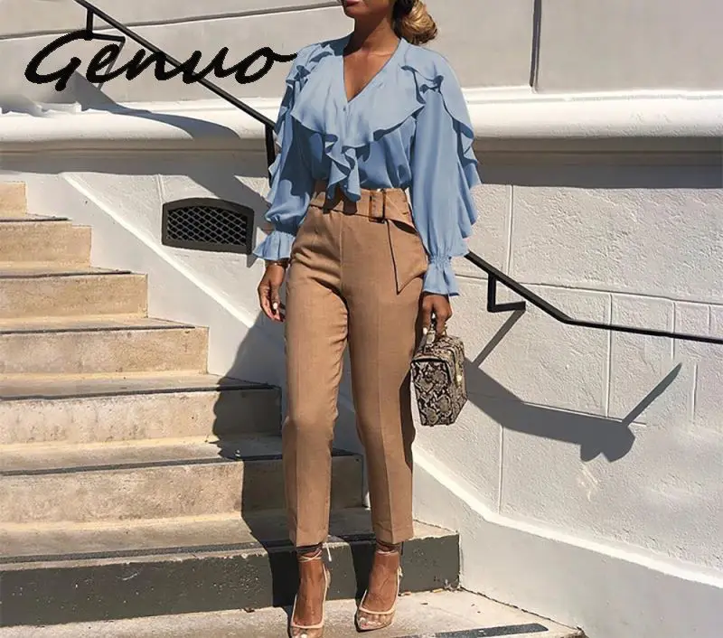 

Genuo Stylish Tops Summer Ruffled Blouse Women Sexy V neck Long Sleeve Shirts Female Casual Buttons Street Blusas Plus Size 5XL